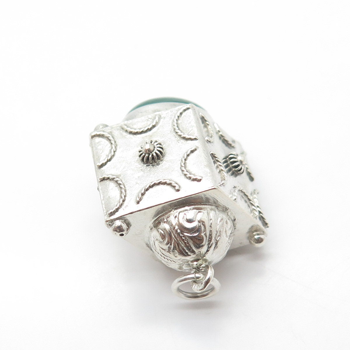 800 Silver Antique Art Deco Real Green Agate Gemstone Chatelaine Fob Pendant