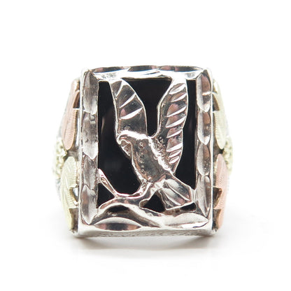 12K 2-Tone Gold & Sterling Silver Black Onyx Eagle Statement Ring Size 10