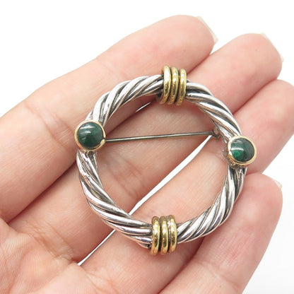 925 Sterling Silver 2-Tone Vintage Real Malachite Gemstone Twisted Pin Brooch