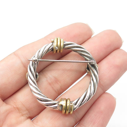 925 Sterling Silver 2-Tone Vintage Real Malachite Gemstone Twisted Pin Brooch