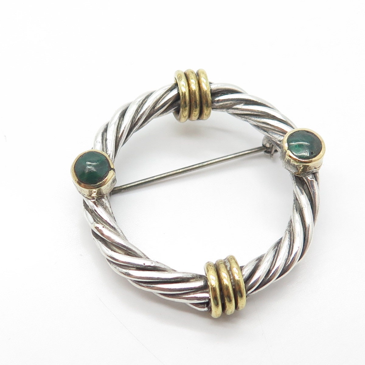 925 Sterling Silver 2-Tone Vintage Real Malachite Gemstone Twisted Pin Brooch