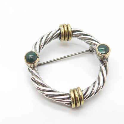 925 Sterling Silver 2-Tone Vintage Real Malachite Gemstone Twisted Pin Brooch