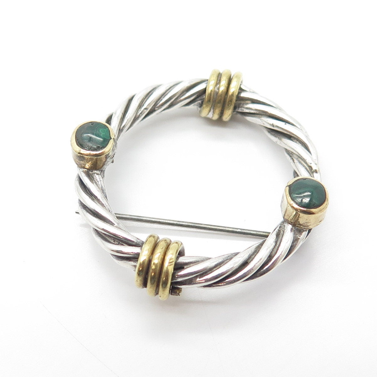 925 Sterling Silver 2-Tone Vintage Real Malachite Gemstone Twisted Pin Brooch