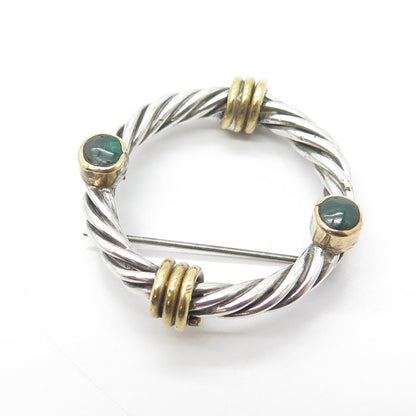 925 Sterling Silver 2-Tone Vintage Real Malachite Gemstone Twisted Pin Brooch