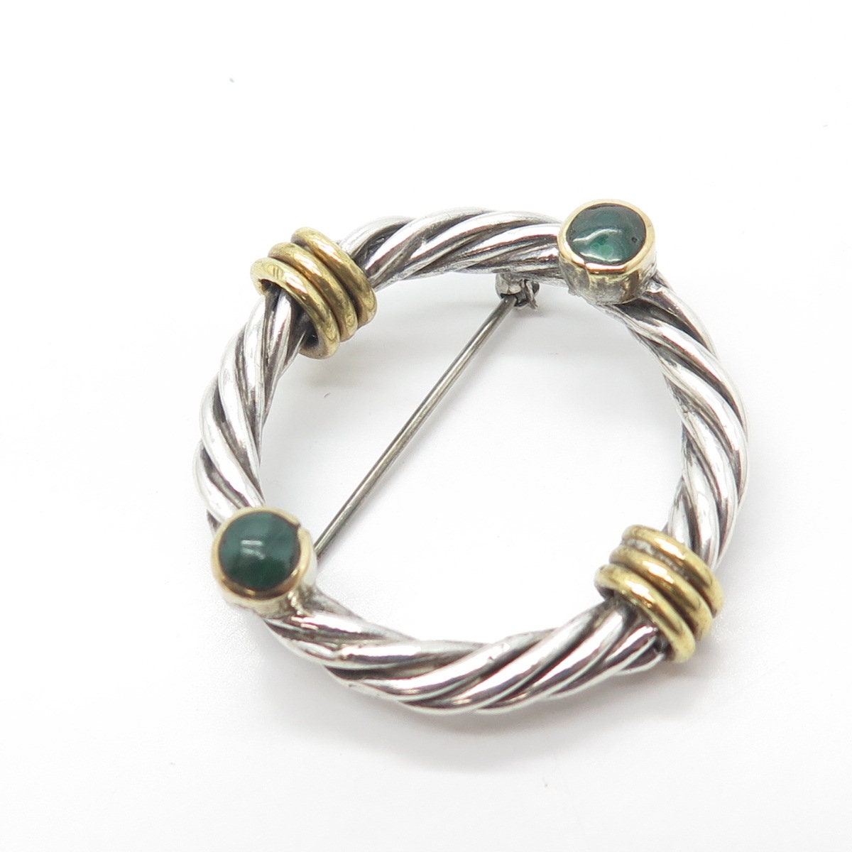 925 Sterling Silver 2-Tone Vintage Real Malachite Gemstone Twisted Pin Brooch