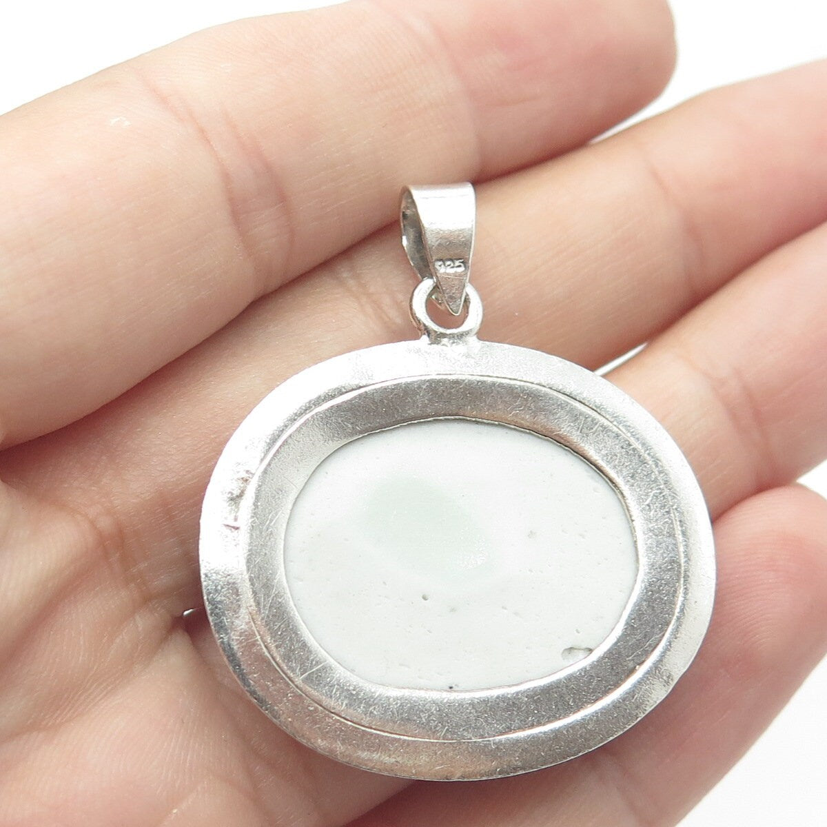 925 Sterling Silver Vintage Ceramic Foral Pendant