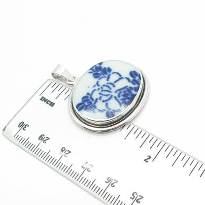 925 Sterling Silver Vintage Ceramic Foral Pendant