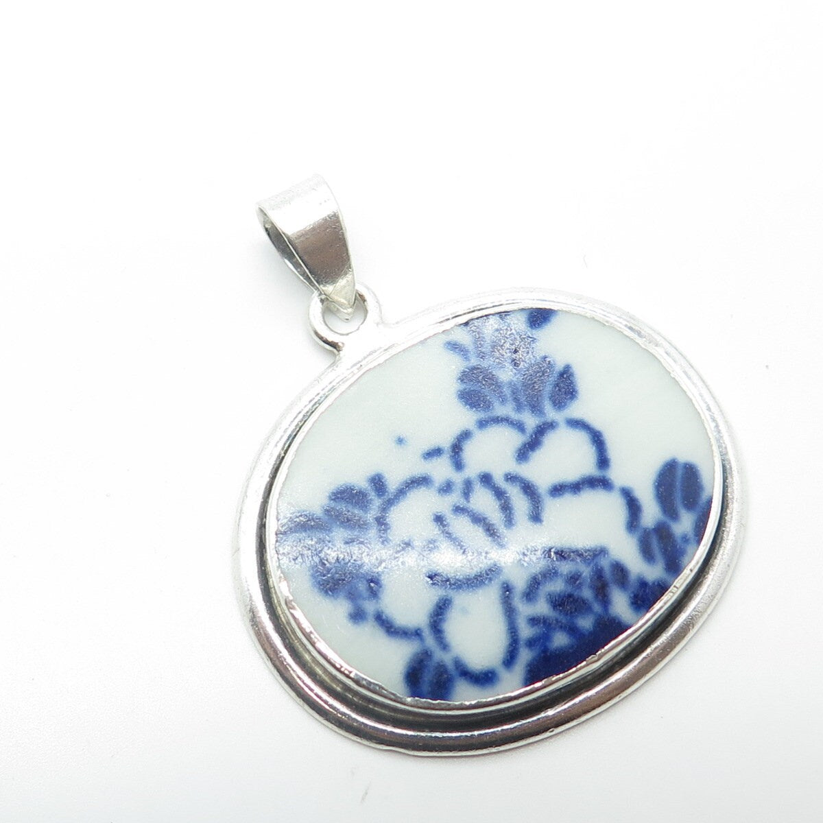 925 Sterling Silver Vintage Ceramic Foral Pendant