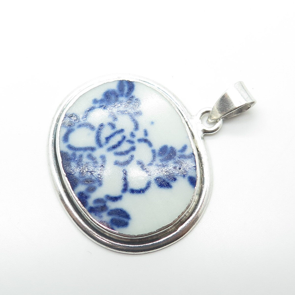 925 Sterling Silver Vintage Ceramic Foral Pendant