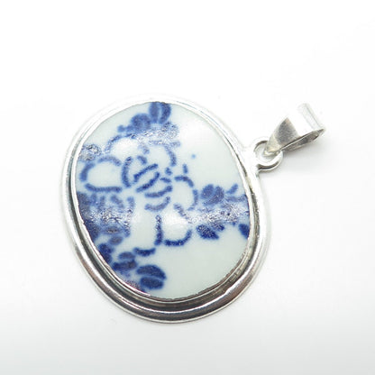 925 Sterling Silver Vintage Ceramic Foral Pendant