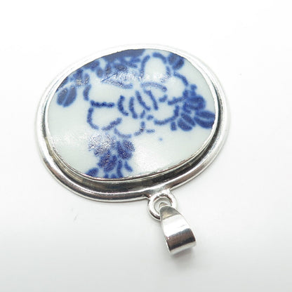 925 Sterling Silver Vintage Ceramic Foral Pendant