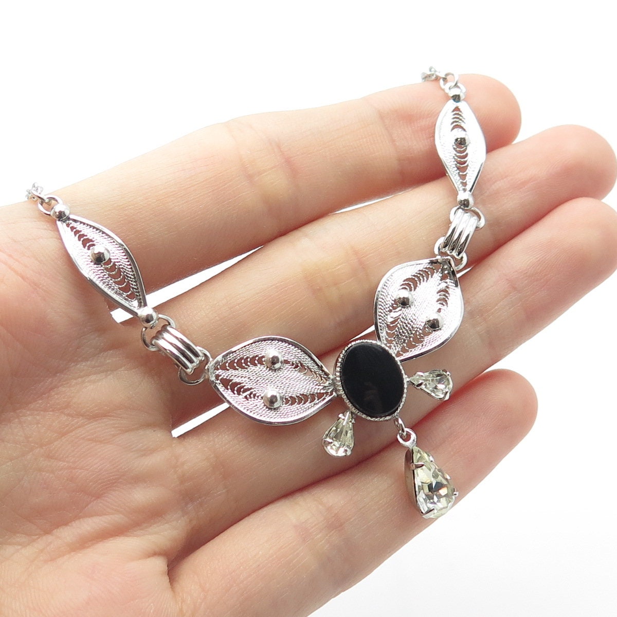 925 Sterling Silver Onyx & Rhinestone Filigree Double Cable Chain Necklace 18"