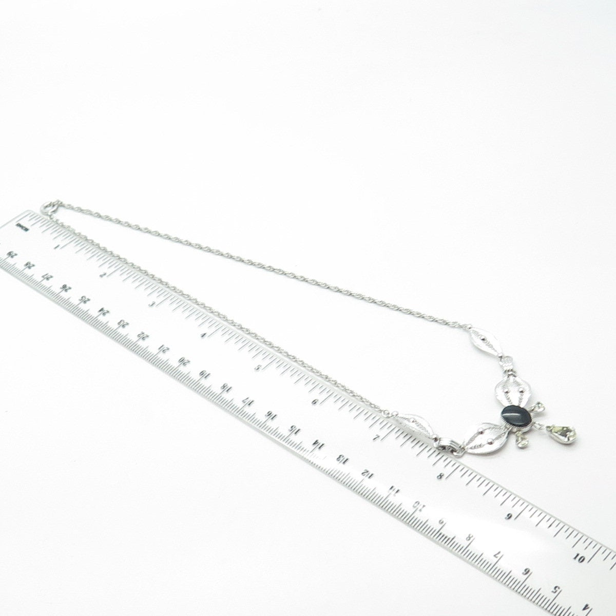 925 Sterling Silver Onyx & Rhinestone Filigree Double Cable Chain Necklace 18"