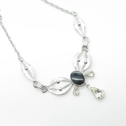 925 Sterling Silver Onyx & Rhinestone Filigree Double Cable Chain Necklace 18"