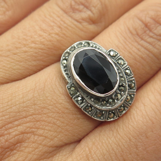 925 Sterling Silver Vintage Real Black Onyx & Marcasite Handmade Ring Size 7.25