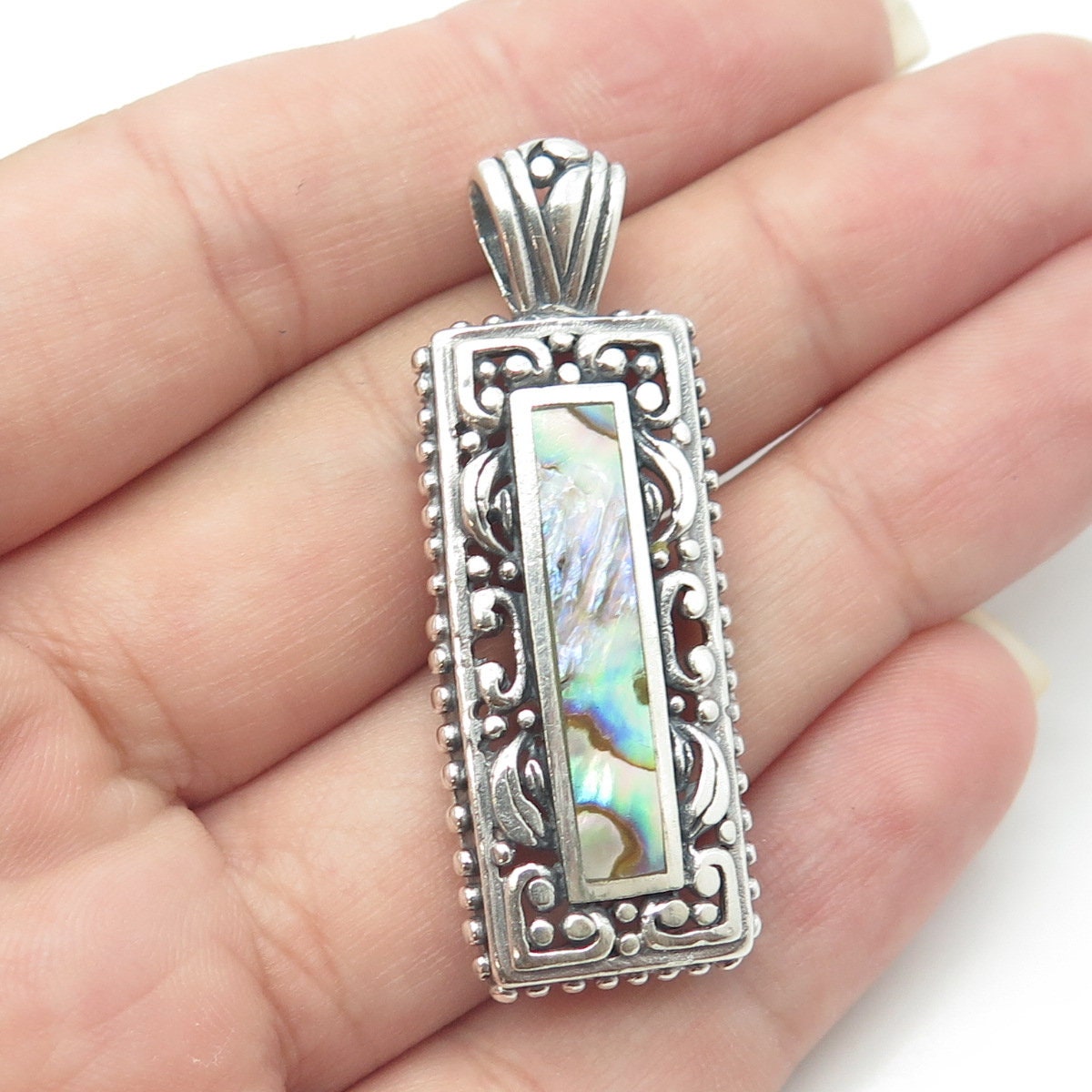 925 Sterling Silver Vintage Real Abalone Shell Swirl Beaded Rectangle Pendant