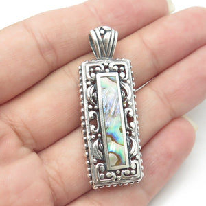 925 Sterling Silver Vintage Real Abalone Shell Swirl Beaded Rectangle Pendant