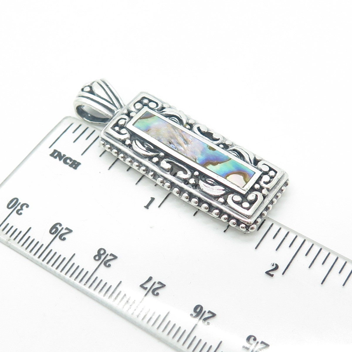 925 Sterling Silver Vintage Real Abalone Shell Swirl Beaded Rectangle Pendant