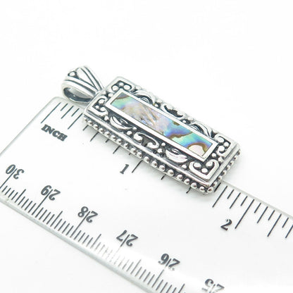 925 Sterling Silver Vintage Real Abalone Shell Swirl Beaded Rectangle Pendant