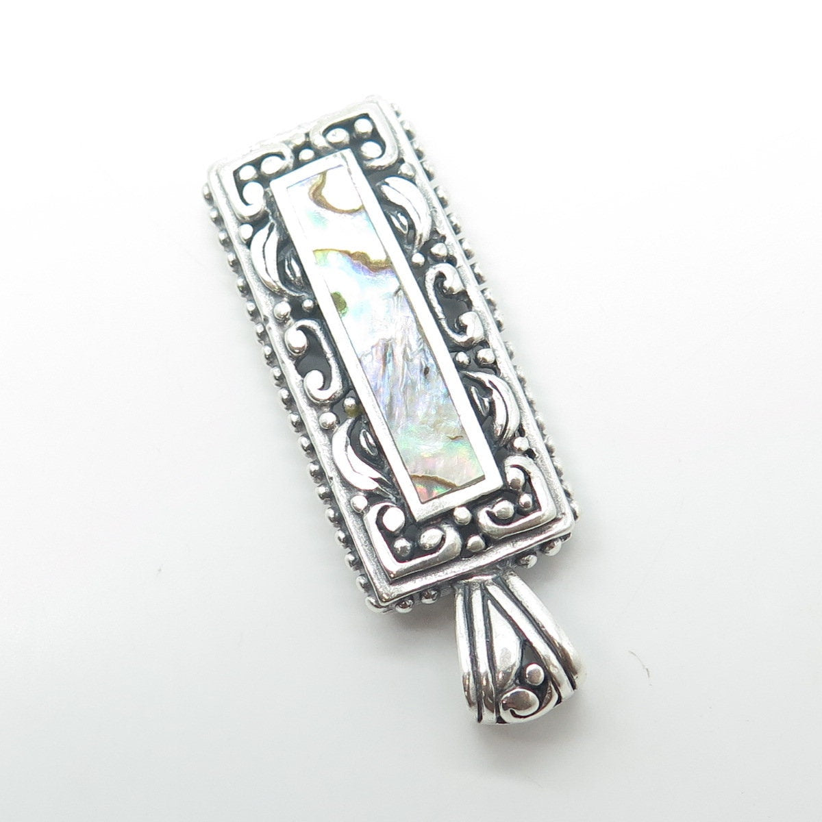 925 Sterling Silver Vintage Real Abalone Shell Swirl Beaded Rectangle Pendant