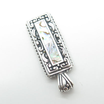 925 Sterling Silver Vintage Real Abalone Shell Swirl Beaded Rectangle Pendant