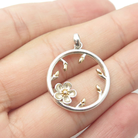 925 Sterling Silver 2-Tone Floral Circle Pendant