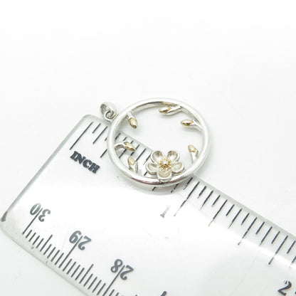 925 Sterling Silver 2-Tone Floral Circle Pendant