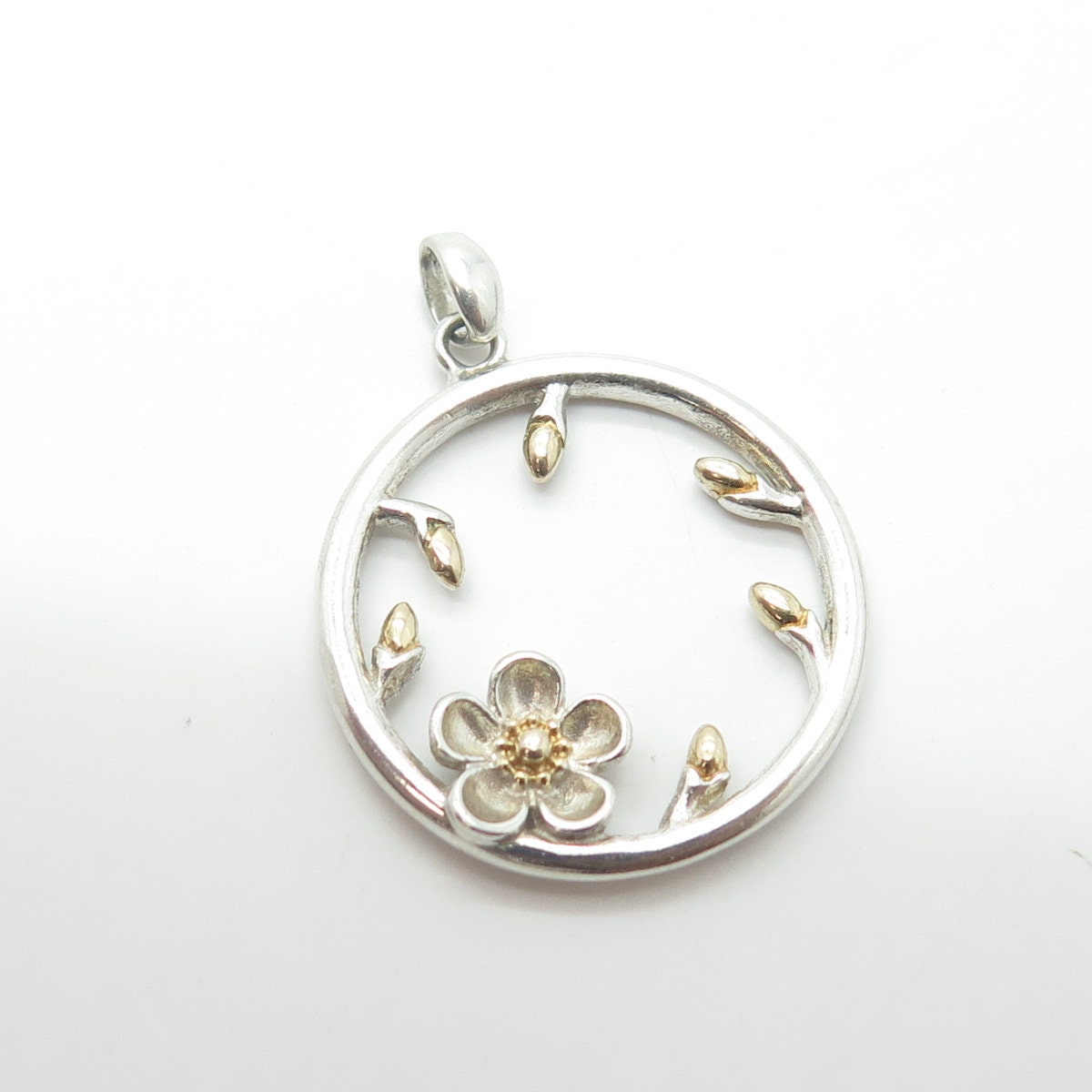 925 Sterling Silver 2-Tone Floral Circle Pendant