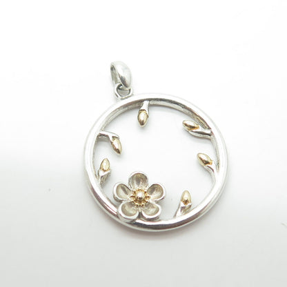 925 Sterling Silver 2-Tone Floral Circle Pendant