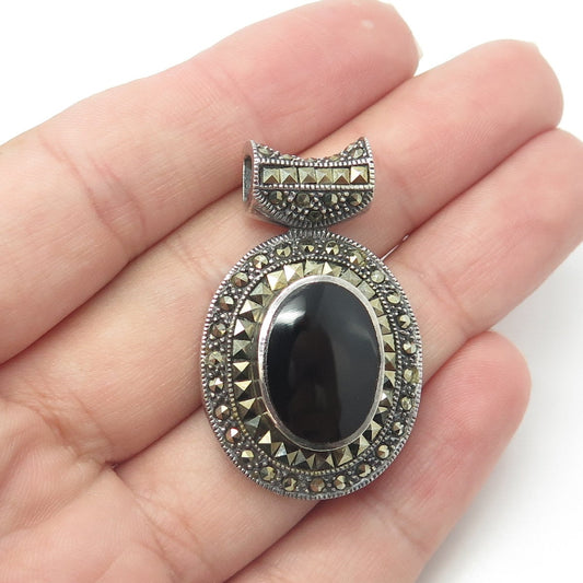 925 Sterling Silver Vintage Real Black Onyx & Marcasite Gem Oval Slide Pendant