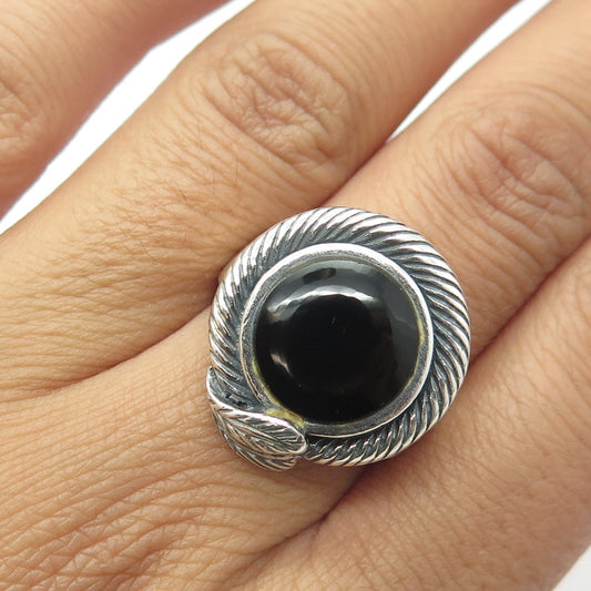 925 Sterling Silver Vintage Black Onyx Round Eye Floral Oxidized Ring Size 6.75