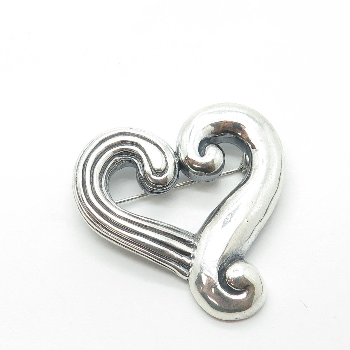 925 Sterling Silver Vintage Modernist Heart Oxidized Pin Brooch