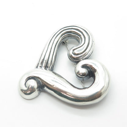 925 Sterling Silver Vintage Modernist Heart Oxidized Pin Brooch