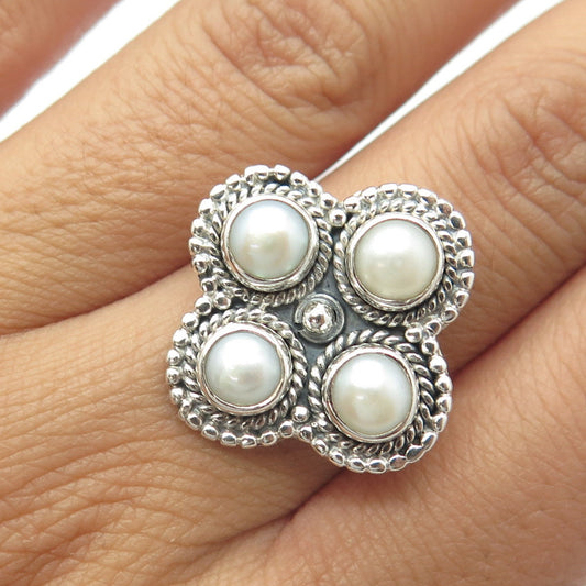 925 Sterling Silver Vintage Real Pearl Floral Cross Ring Size 8.75