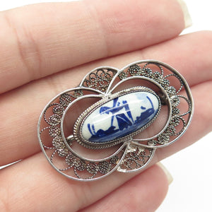DELFT 925 Sterling Silver Vintage Ceramic Old Mill Filigree Pin Brooch