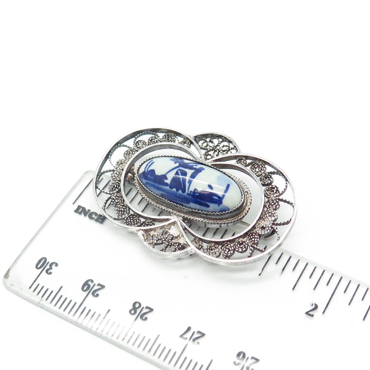 DELFT 925 Sterling Silver Vintage Ceramic Old Mill Filigree Pin Brooch
