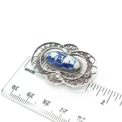DELFT 925 Sterling Silver Vintage Ceramic Old Mill Filigree Pin Brooch