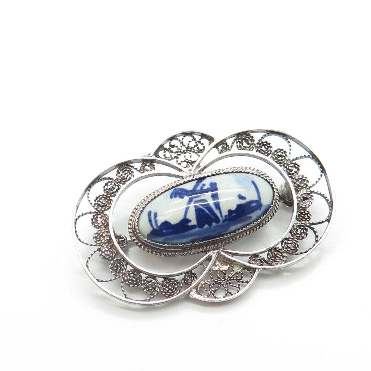 DELFT 925 Sterling Silver Vintage Ceramic Old Mill Filigree Pin Brooch