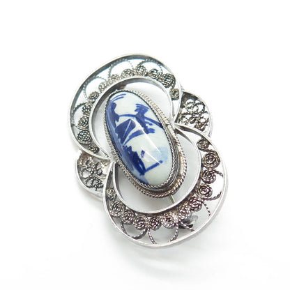 DELFT 925 Sterling Silver Vintage Ceramic Old Mill Filigree Pin Brooch