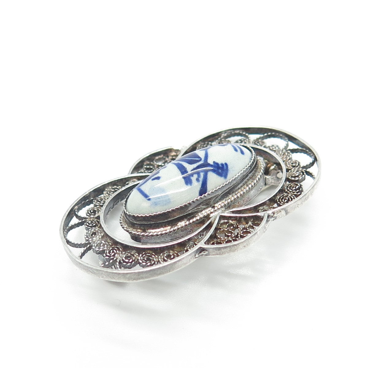 DELFT 925 Sterling Silver Vintage Ceramic Old Mill Filigree Pin Brooch