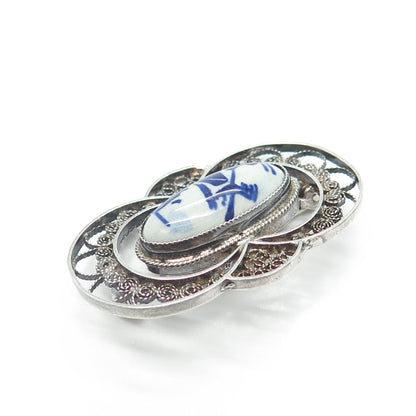 DELFT 925 Sterling Silver Vintage Ceramic Old Mill Filigree Pin Brooch