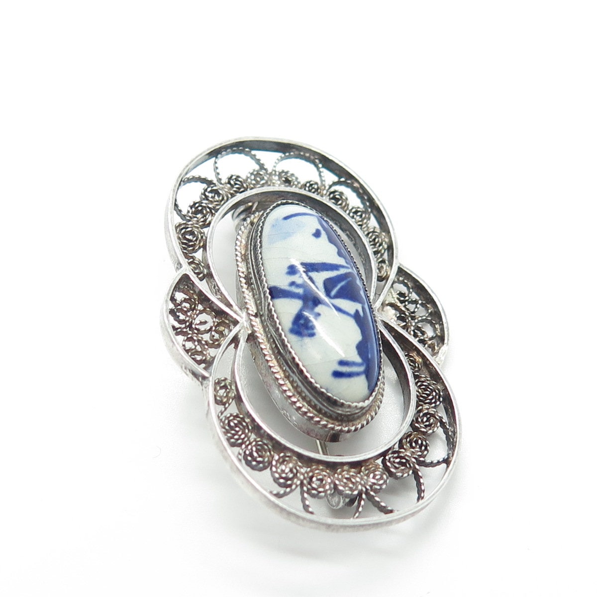 DELFT 925 Sterling Silver Vintage Ceramic Old Mill Filigree Pin Brooch
