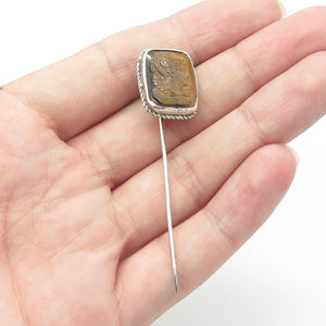 925 Sterling Silver Vintage Real Tiger Eye Gemstone Lady Lapel Pin