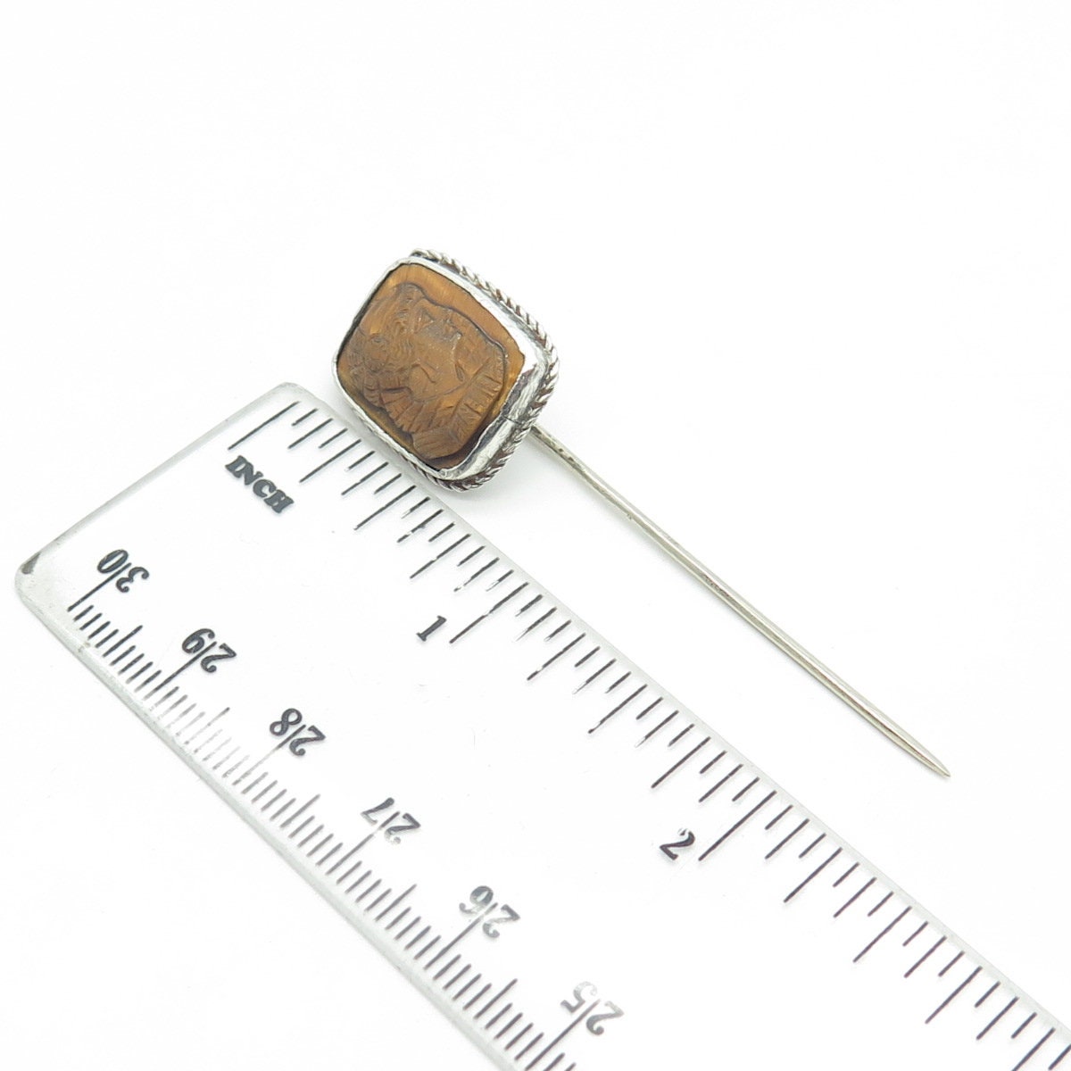 925 Sterling Silver Vintage Real Tiger Eye Gemstone Lady Lapel Pin