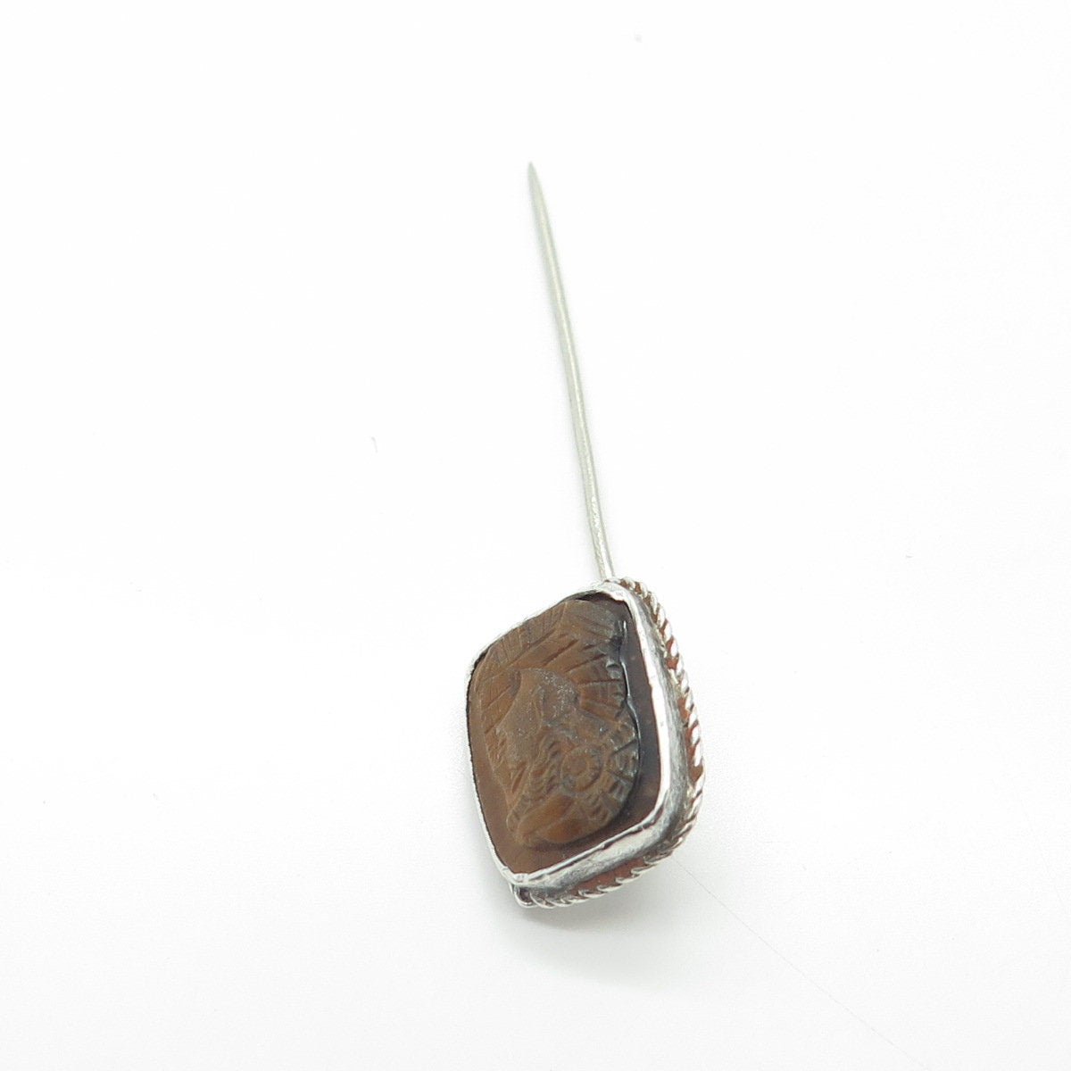 925 Sterling Silver Vintage Real Tiger Eye Gemstone Lady Lapel Pin