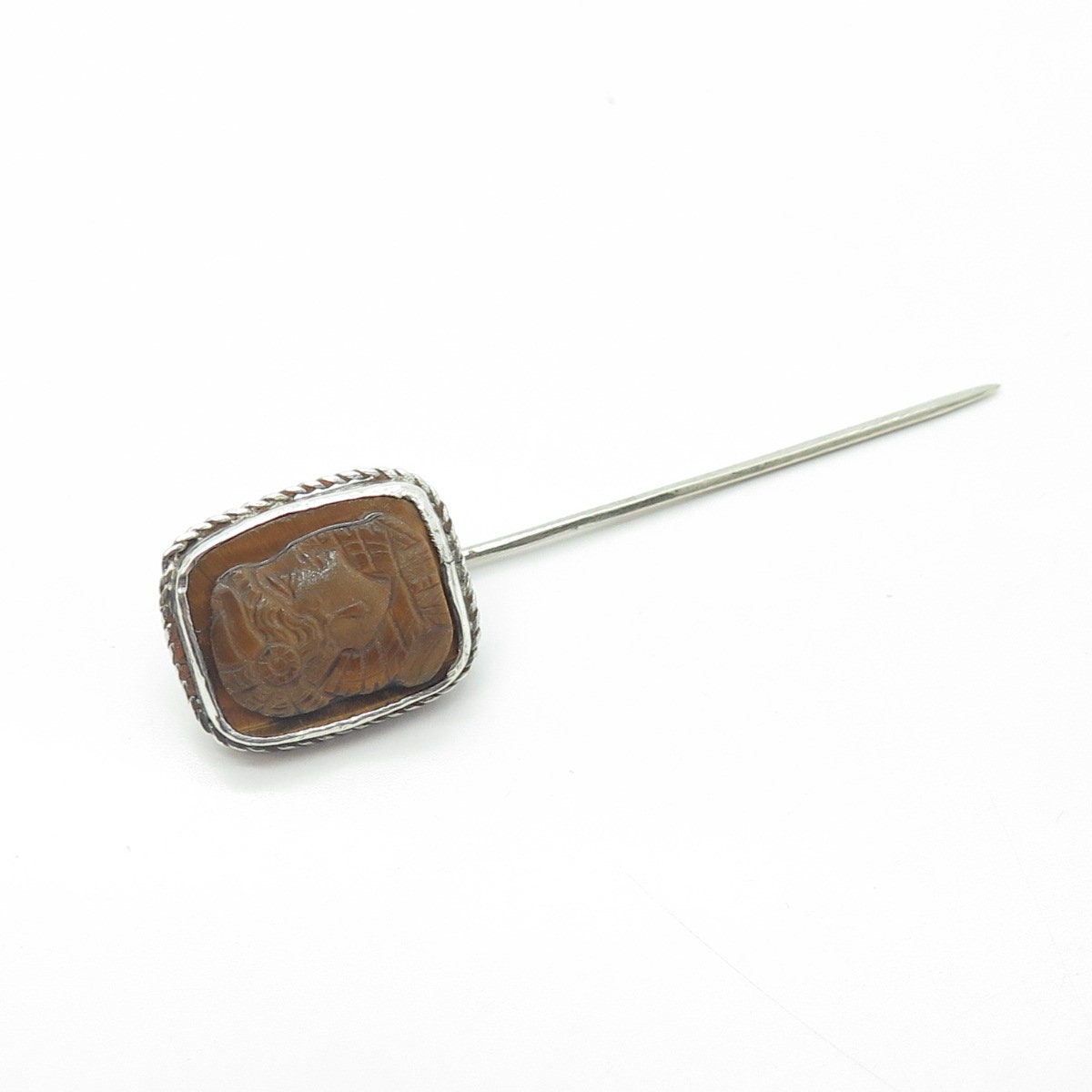 925 Sterling Silver Vintage Real Tiger Eye Gemstone Lady Lapel Pin