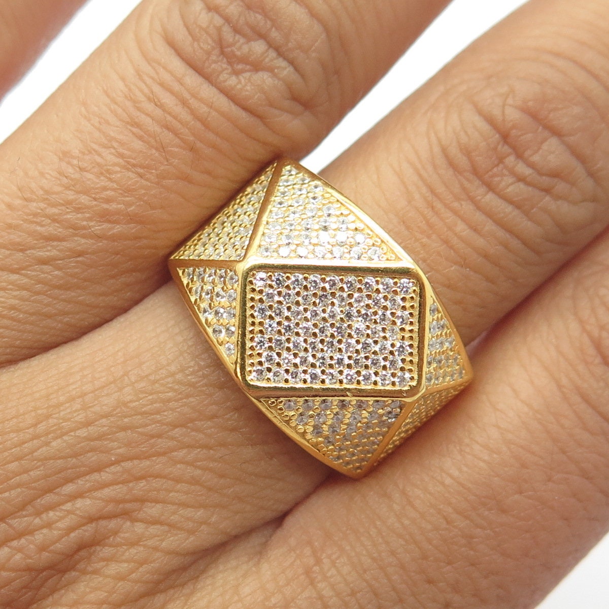 925 Sterling Silver Gold Plated C Z "Iced Out" Geometry Wide Band Ring Size 8