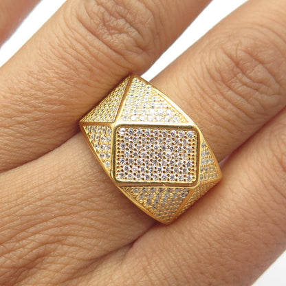 925 Sterling Silver Gold Plated C Z "Iced Out" Geometry Wide Band Ring Size 8