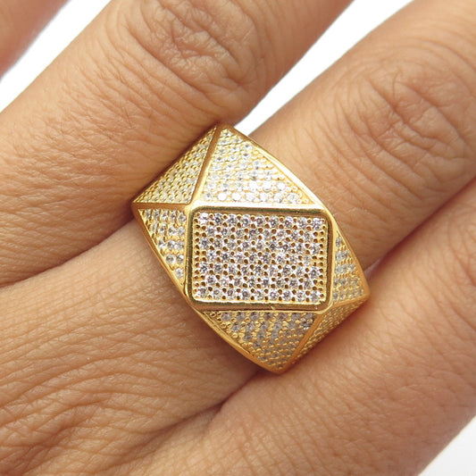 925 Sterling Silver Gold Plated C Z "Iced Out" Geometry Wide Band Ring Size 8