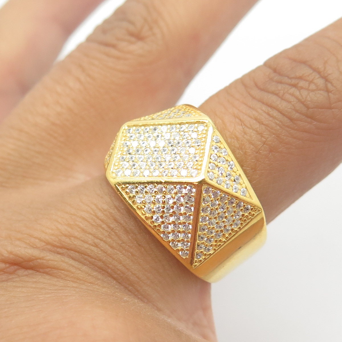 925 Sterling Silver Gold Plated C Z "Iced Out" Geometry Wide Band Ring Size 8